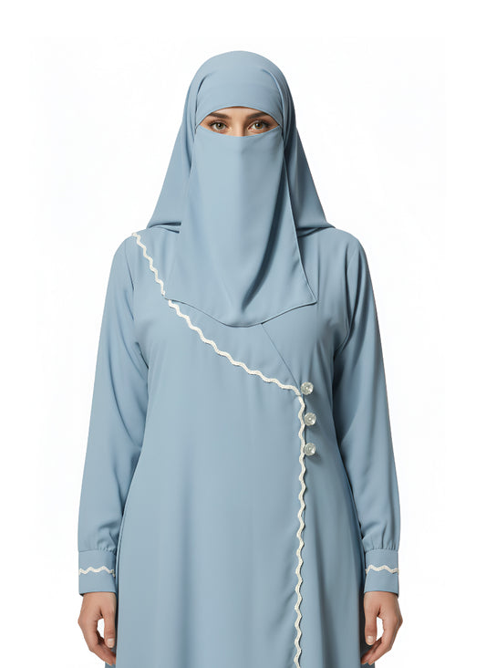 Women’s Light Blue Modest Abaya – Closed-Front Design with Wavy Trim and Button Details