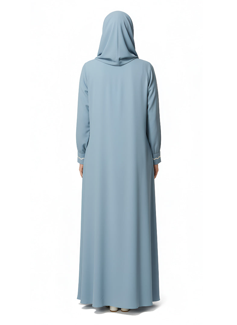 Women’s Light Blue Modest Abaya – Closed-Front Design with Wavy Trim and Button Details