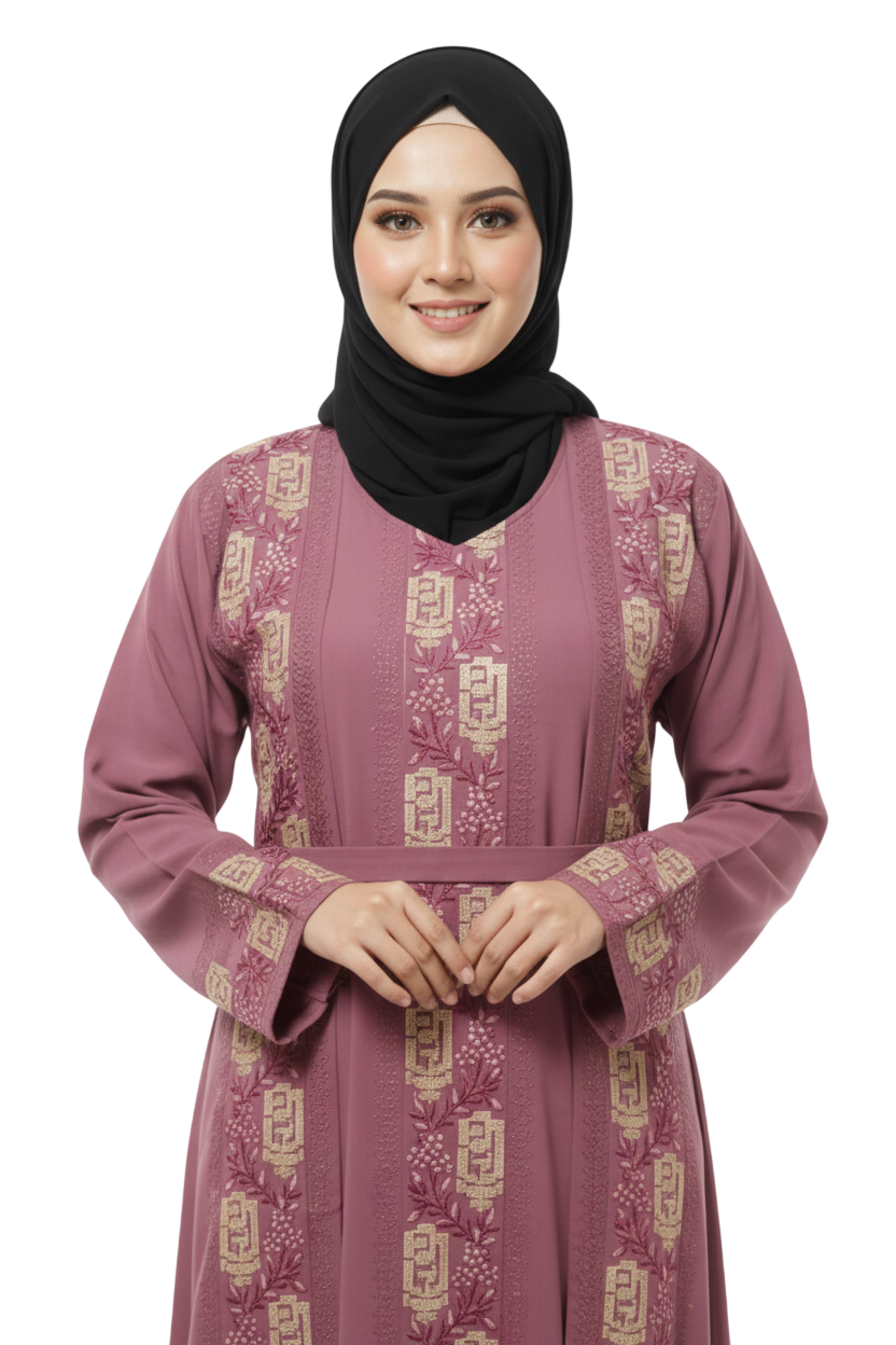 Women’s Mauve Embroidered Front Panel Abaya – Full-Length Modest Wear with Long Sleeves