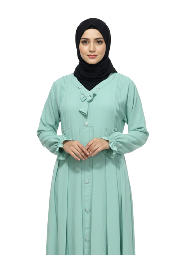 Women’s Front Open Button Abaya with Bow Detail – Full-Length Modest Wear
