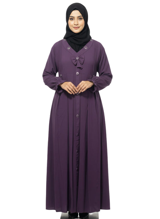 Women’s Front Open Button Abaya with Bow Detail – Full-Length Modest Wear