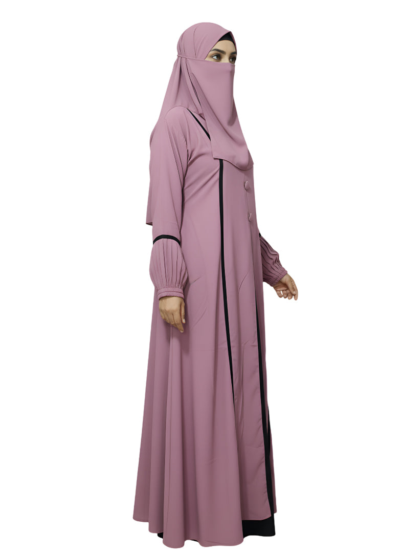 Pleated-Sleeve Modest Abaya with Contrast Detailing – Soft Fabric Daily Wear