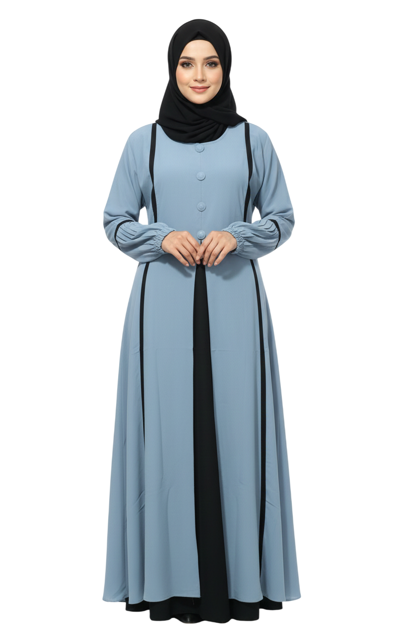 Pleated-Sleeve Modest Abaya with Contrast Detailing – Soft Fabric Daily Wear