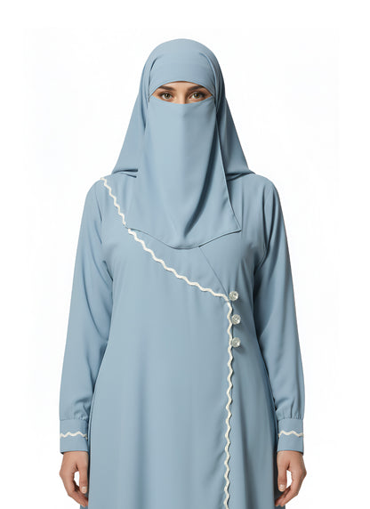 Women’s Light Blue Modest Abaya – Closed-Front Design with Wavy Trim and Button Details