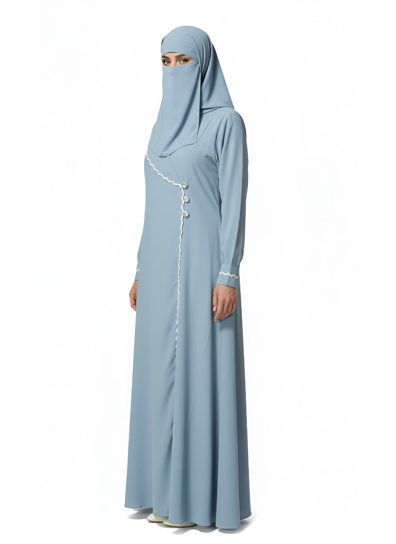 Women’s Light Blue Modest Abaya – Closed-Front Design with Wavy Trim and Button Details