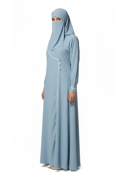 Women’s Light Blue Modest Abaya – Closed-Front Design with Wavy Trim and Button Details