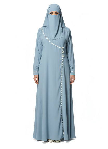 Women’s Light Blue Modest Abaya – Closed-Front Design with Wavy Trim and Button Details
