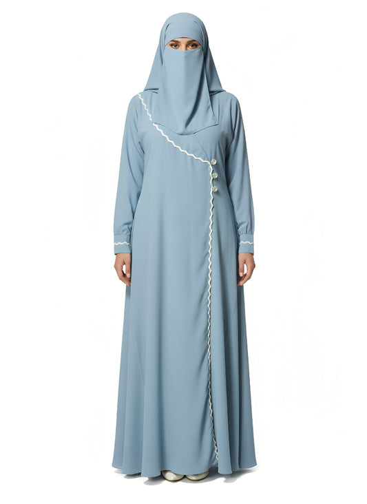 Women’s Light Blue Modest Abaya – Closed-Front Design with Wavy Trim and Button Details