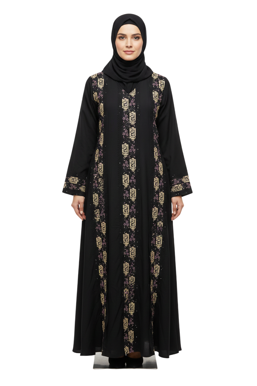 Women’s Mauve Embroidered Front Panel Abaya – Full-Length Modest Wear with Long Sleeves