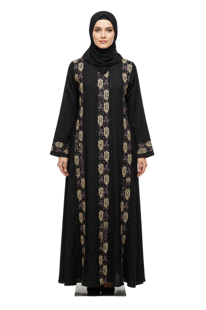 Women’s Mauve Embroidered Front Panel Abaya – Full-Length Modest Wear with Long Sleeves