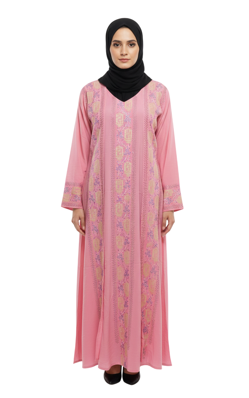 Women’s Mauve Embroidered Front Panel Abaya – Full-Length Modest Wear with Long Sleeves