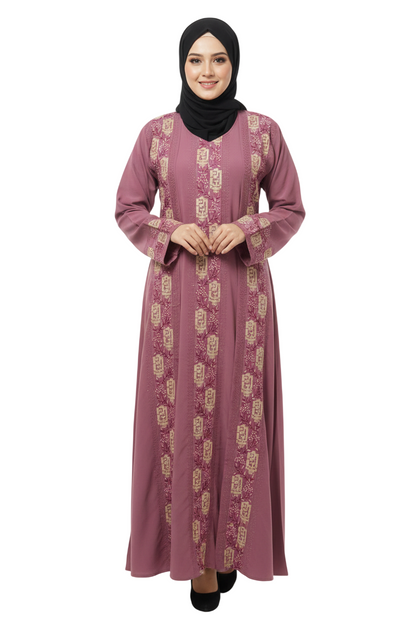 Women’s Mauve Embroidered Front Panel Abaya – Full-Length Modest Wear with Long Sleeves