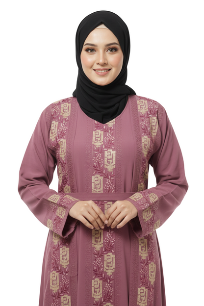Women’s Mauve Embroidered Front Panel Abaya – Full-Length Modest Wear with Long Sleeves