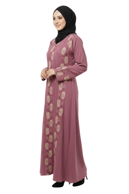 Women’s Mauve Embroidered Front Panel Abaya – Full-Length Modest Wear with Long Sleeves