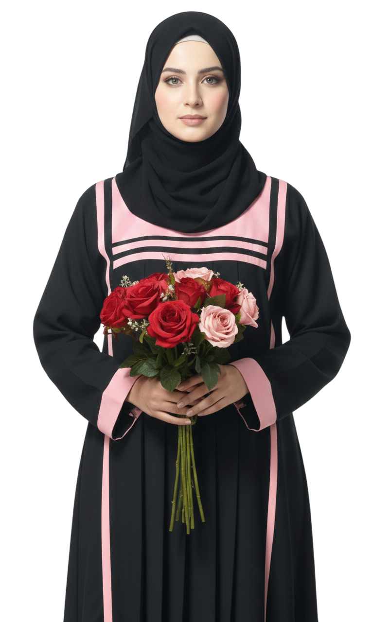 Black Pleated Contrast Trim Abaya for Women – Elegant Full-Length Modest Abaya Wear