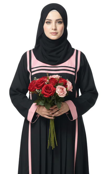 Black Pleated Contrast Trim Abaya for Women – Elegant Full-Length Modest Abaya Wear