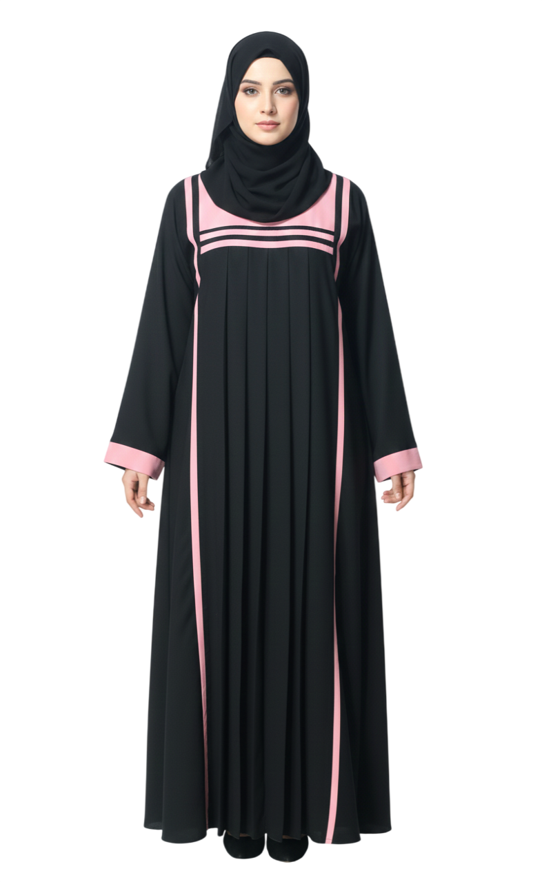 Black Pleated Contrast Trim Abaya for Women – Elegant Full-Length Modest Abaya Wear