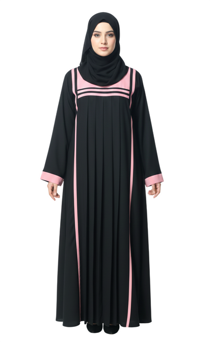 Black Pleated Contrast Trim Abaya for Women – Elegant Full-Length Modest Abaya Wear
