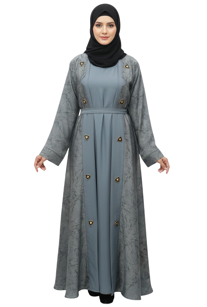 Beige Abstract Print Belted Abaya for Women – Elegant Coat-Style Modest Abaya Wear