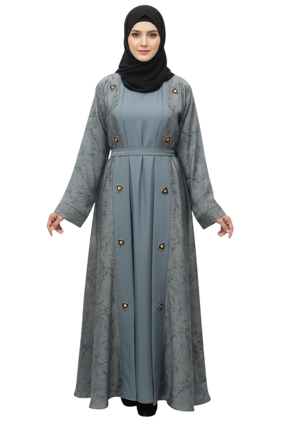 Beige Abstract Print Belted Abaya for Women – Elegant Coat-Style Modest Abaya Wear
