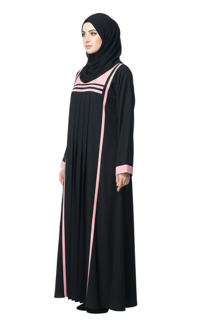Black Pleated Contrast Trim Abaya for Women – Elegant Full-Length Modest Abaya Wear