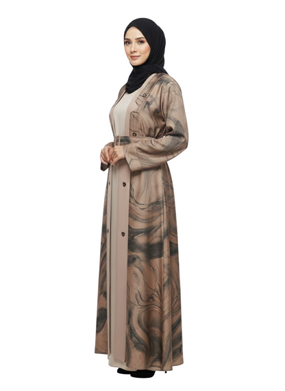 Beige Abstract Print Belted Abaya for Women – Elegant Coat-Style Modest Abaya Wear
