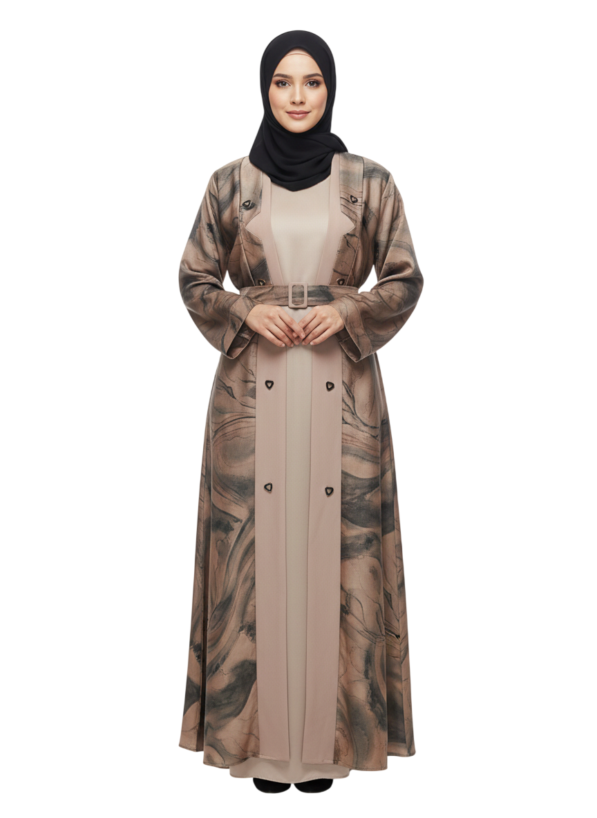 Beige Abstract Print Belted Abaya for Women – Elegant Coat-Style Modest Abaya Wear