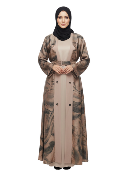 Beige Abstract Print Belted Abaya for Women – Elegant Coat-Style Modest Abaya Wear