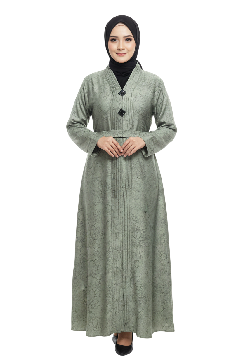 Print Full-Length Abaya for Women – Elegant Pleated Neck Modest Abaya Wear