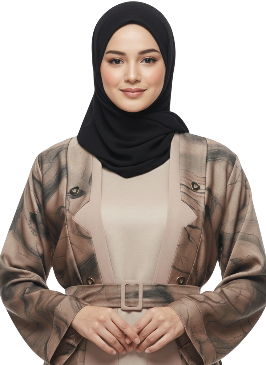 Beige Abstract Print Belted Abaya for Women – Elegant Coat-Style Modest Abaya Wear