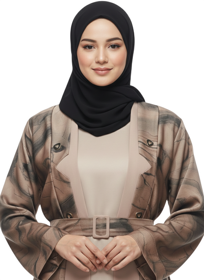 Beige Abstract Print Belted Abaya for Women – Elegant Coat-Style Modest Abaya Wear