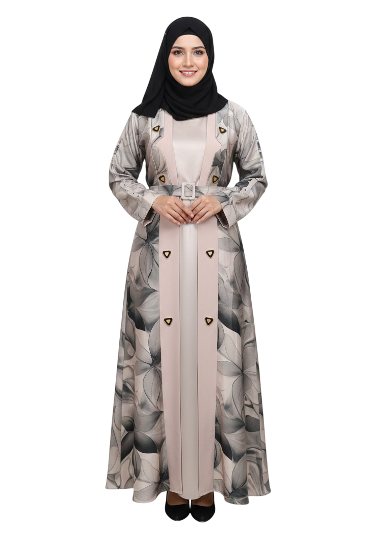 Beige Abstract Print Belted Abaya for Women – Elegant Coat-Style Modest Abaya Wear