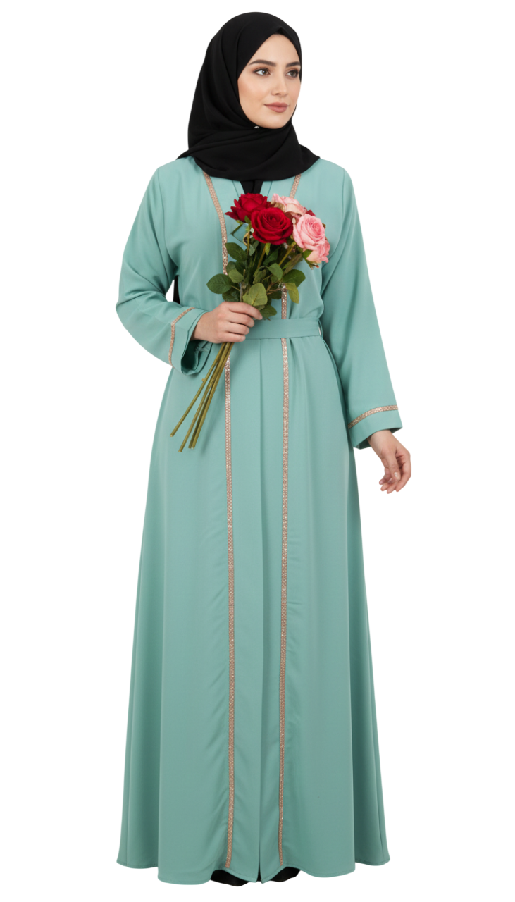 Women’s Fluid Crepe Abaya – Shimmering Border Detail & Adjustable Waist