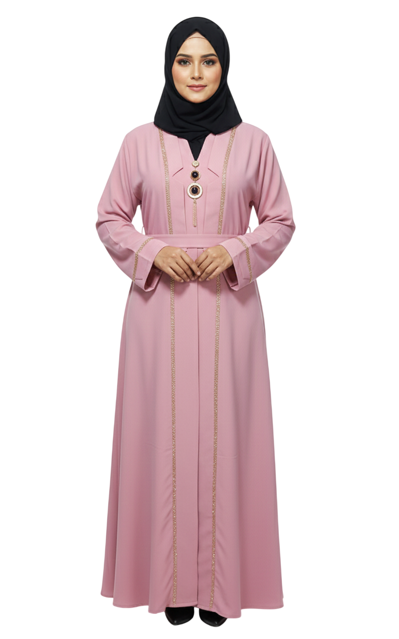 Women’s Fluid Crepe Abaya – Shimmering Border Detail & Adjustable Waist