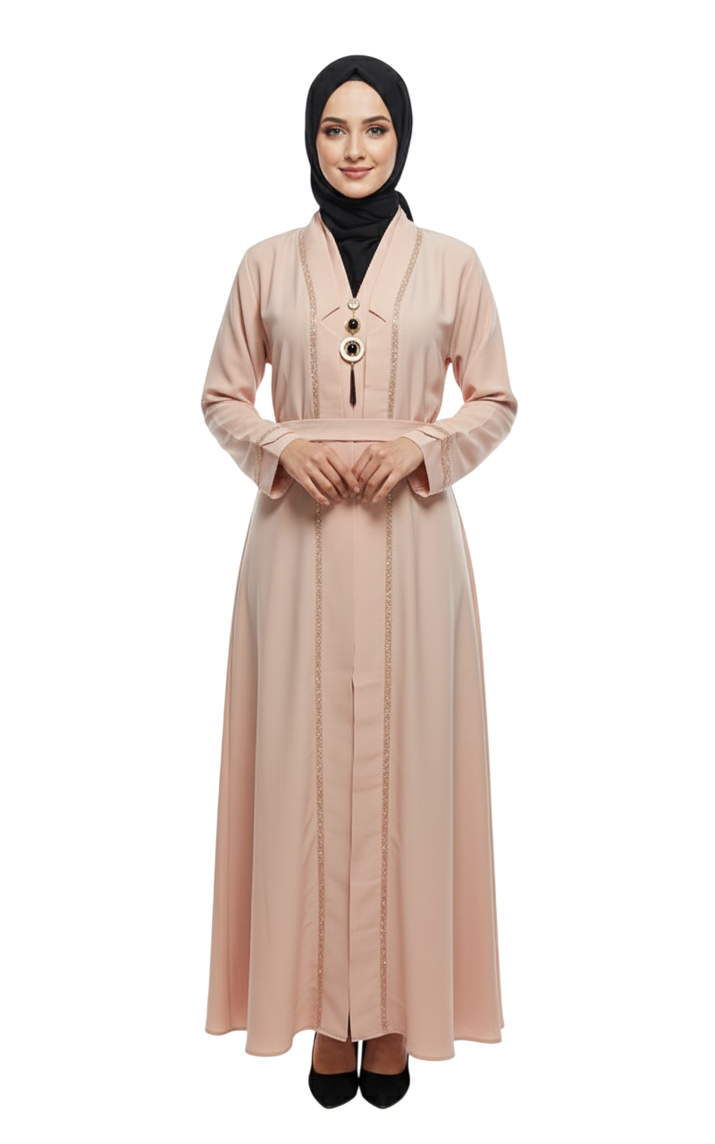 Women’s Fluid Crepe Abaya – Shimmering Border Detail & Adjustable Waist