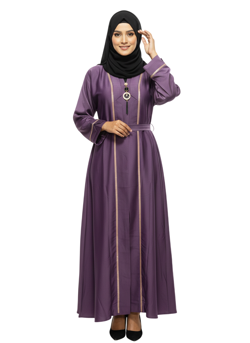 Women’s Fluid Crepe Abaya – Shimmering Border Detail & Adjustable Waist