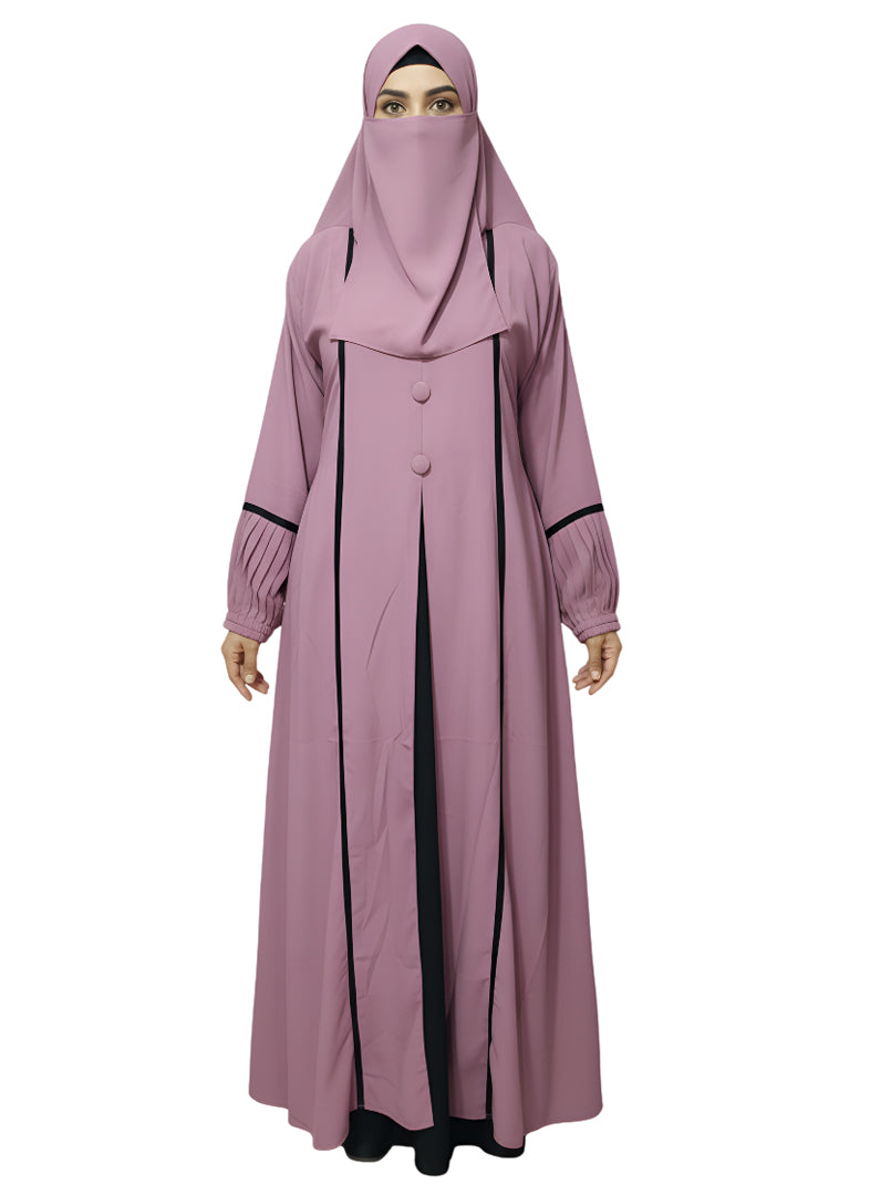 Pleated-Sleeve Modest Abaya with Contrast Detailing – Soft Fabric Daily Wear