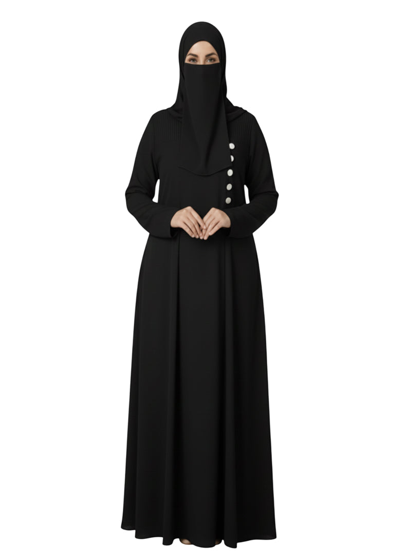 Women’s Plain Modest Abaya – Button Detail, Long Sleeve, Closed-Front