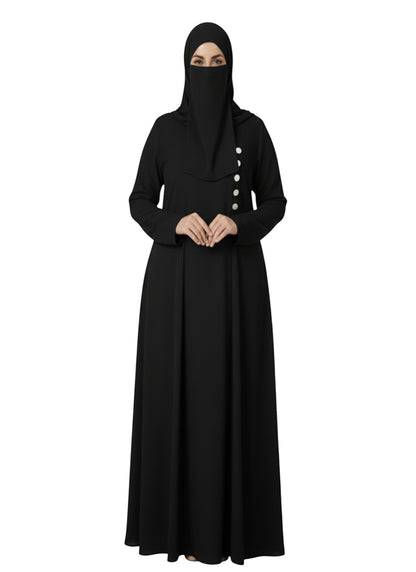 Women’s Plain Modest Abaya – Button Detail, Long Sleeve, Closed-Front
