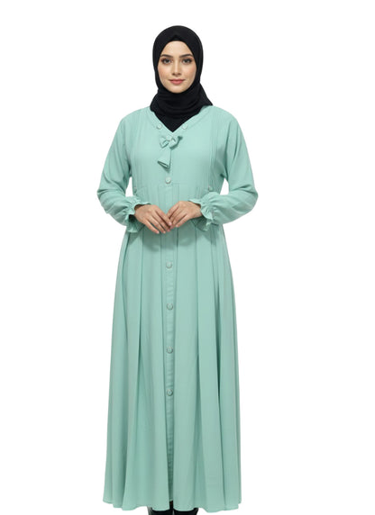 Women’s Front Open Button Abaya with Bow Detail – Full-Length Modest Wear