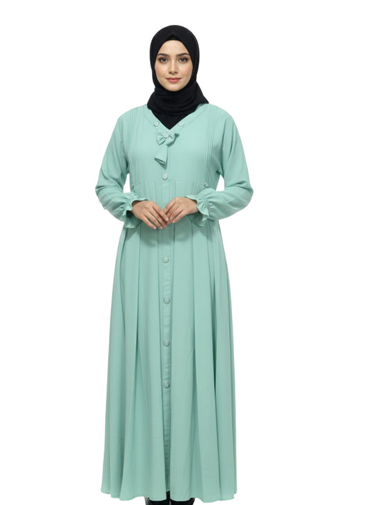 Women’s Front Open Button Abaya with Bow Detail – Full-Length Modest Wear