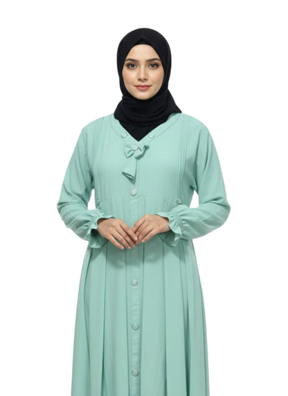 Women’s Front Open Button Abaya with Bow Detail – Full-Length Modest Wear