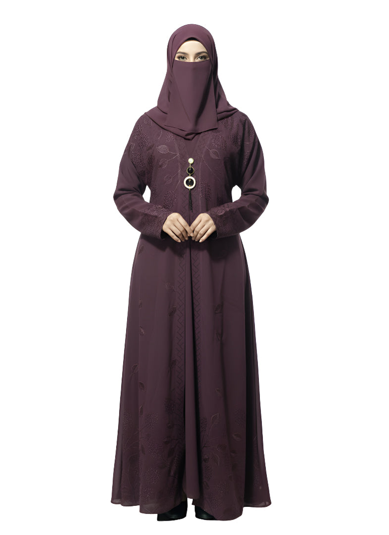 Classic Rose Mauve Abaya with Embroidered Front Design - Modest Wear Abaya