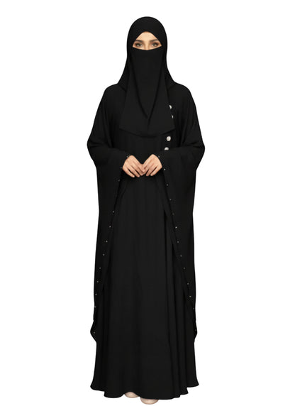 Women’s Plum A-Line Abaya with Side Button Detail and Draped Shawl Layer