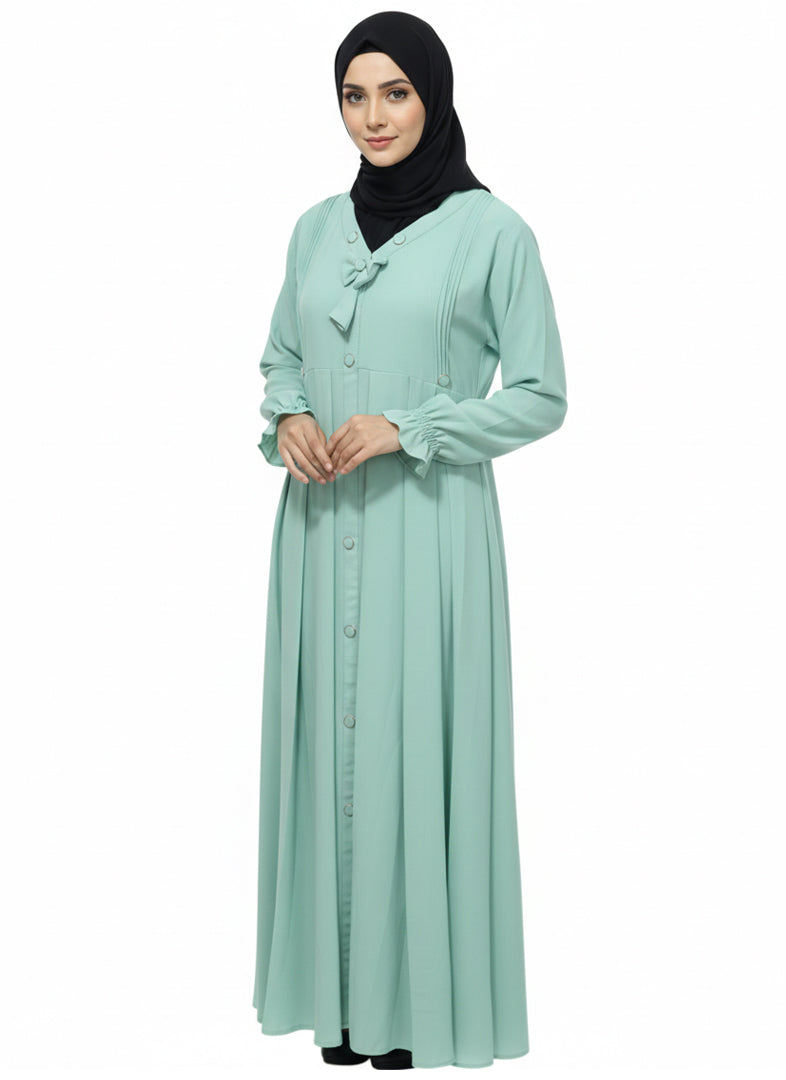 Women’s Front Open Button Abaya with Bow Detail – Full-Length Modest Wear