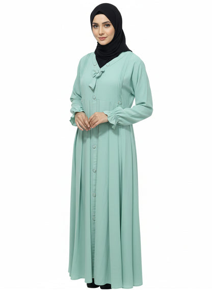 Women’s Front Open Button Abaya with Bow Detail – Full-Length Modest Wear