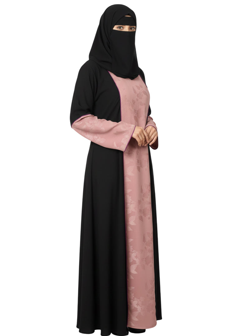 elegant black abaya with dusty pink accents