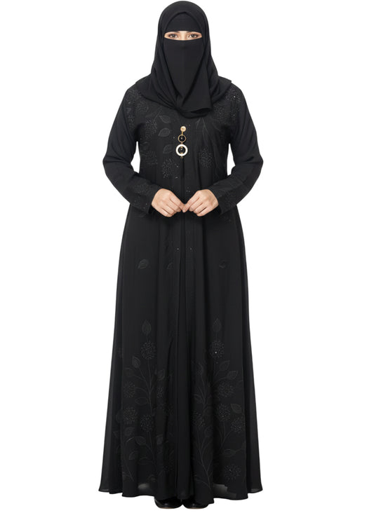 Classic Rose Mauve Abaya with Embroidered Front Design - Modest Wear Abaya