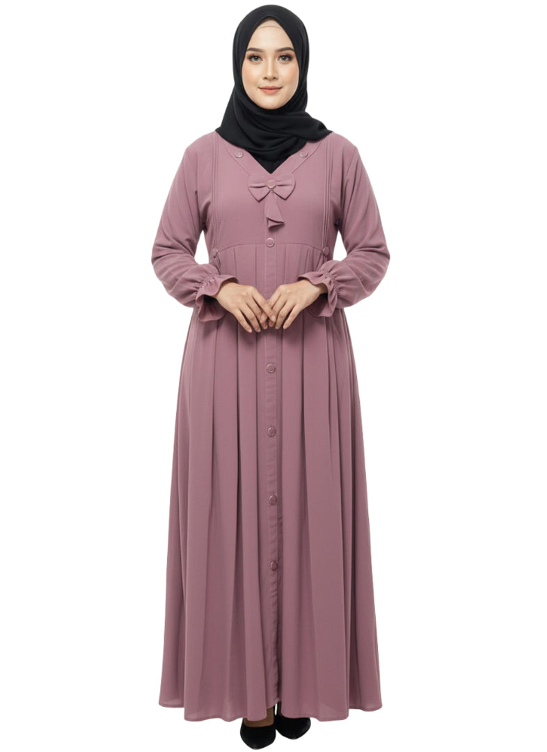 Women’s Front Open Button Abaya with Bow Detail – Full-Length Modest Wear