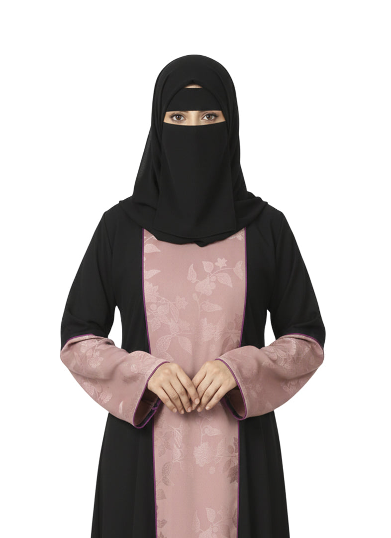 black abaya with pink embroidery for women
